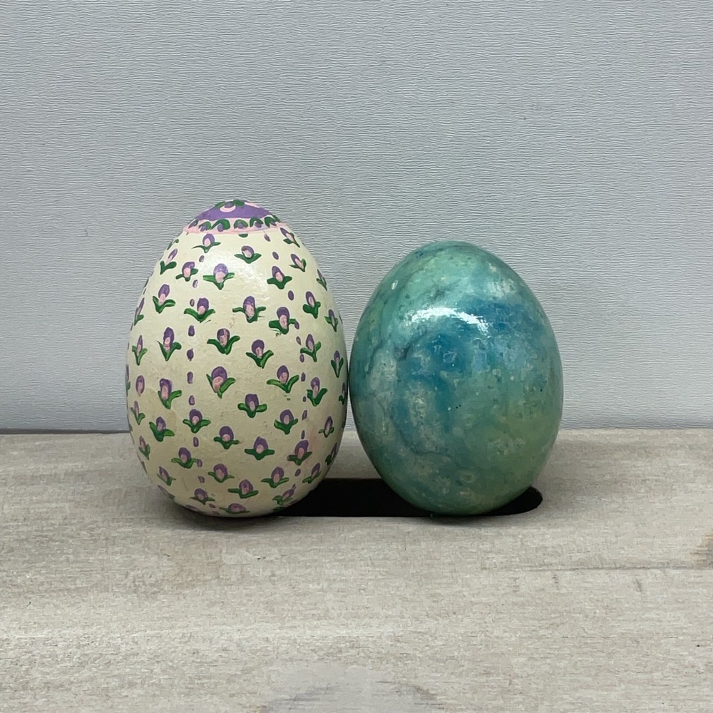 Vintage Hand Painted Wooden Easter Eggs Set of 2 Floral Marbled 1982 Folk Art